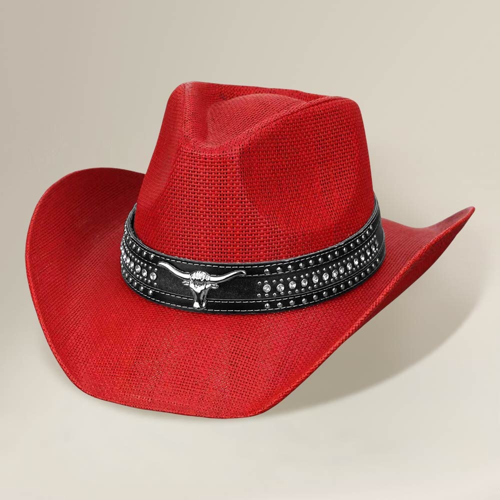 Red Steer Head Accent Studded Faux Leather Band Western Straw Cowboy Hat - Picture 2 of 2